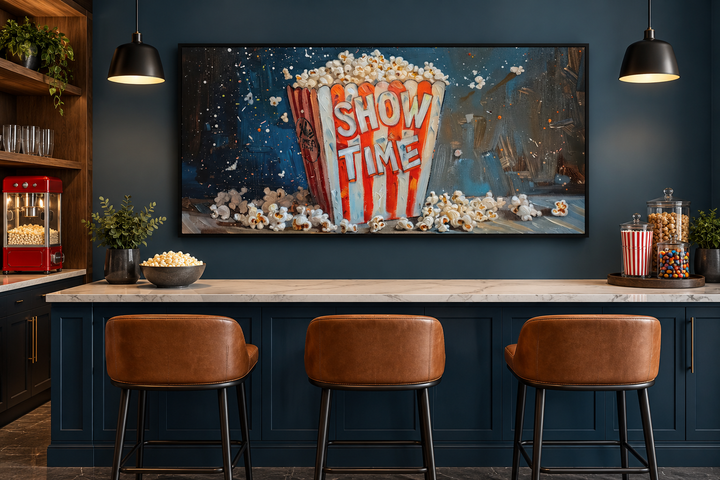 Framed popcorn canvas print titled 'Show Time' hanging in a home theater snack bar area.