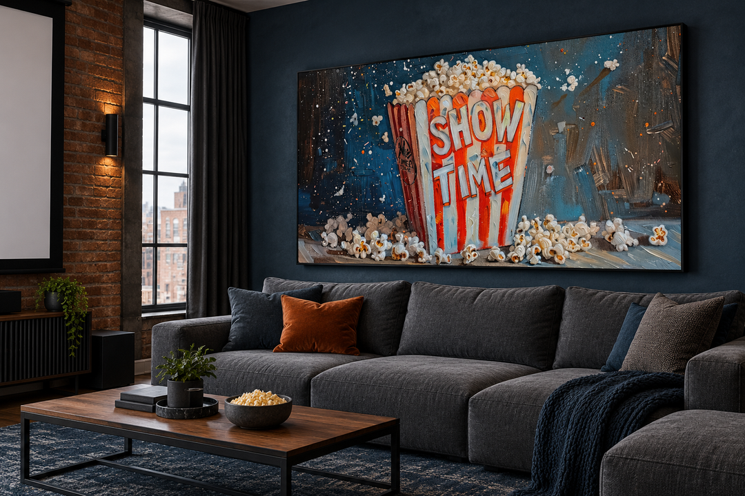 Framed popcorn canvas art titled "SHOW TIME" hanging in a modern industrial media room.