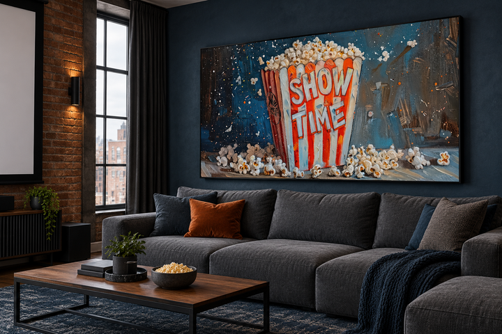 Framed popcorn canvas art titled "SHOW TIME" hanging in a modern industrial media room.