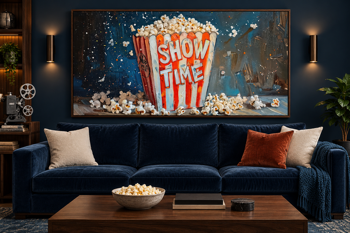 Framed popcorn canvas art titled SHOW TIME hanging above a navy sofa in a home theater room.