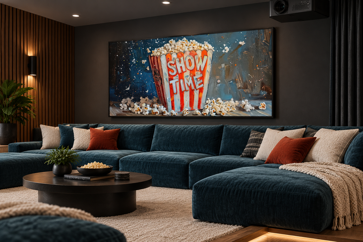 Framed canvas print of a classic popcorn bucket with 'SHOW TIME' text in a modern home theater.