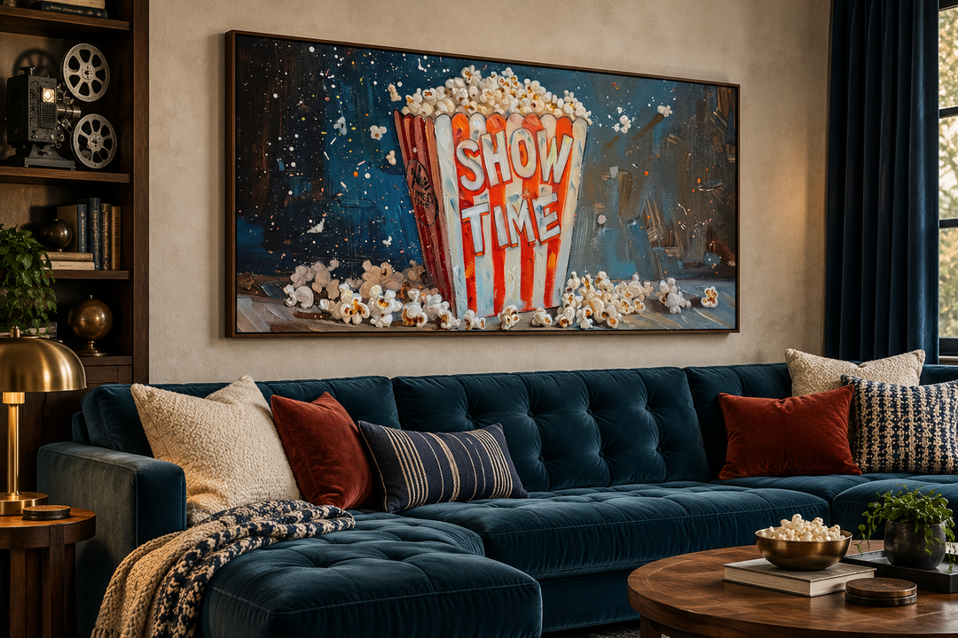 Framed popcorn canvas wall art with 'SHOW TIME' text above a blue velvet sectional sofa.