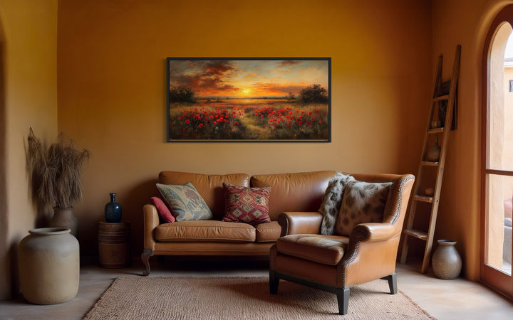 Poppies Field At Sunset Red Painting Framed Canvas Wall Art