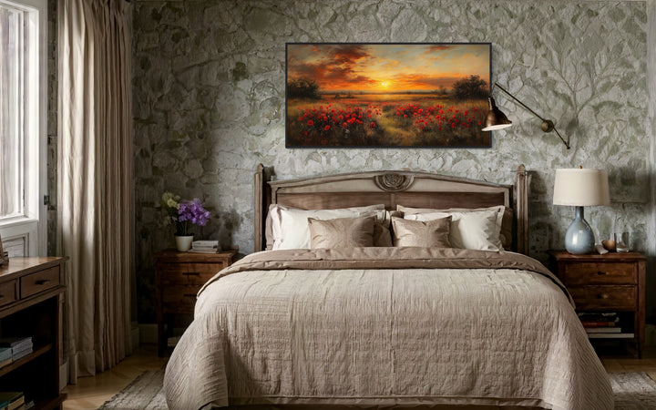 Poppies Field At Sunset Red Painting Framed Canvas Wall Art