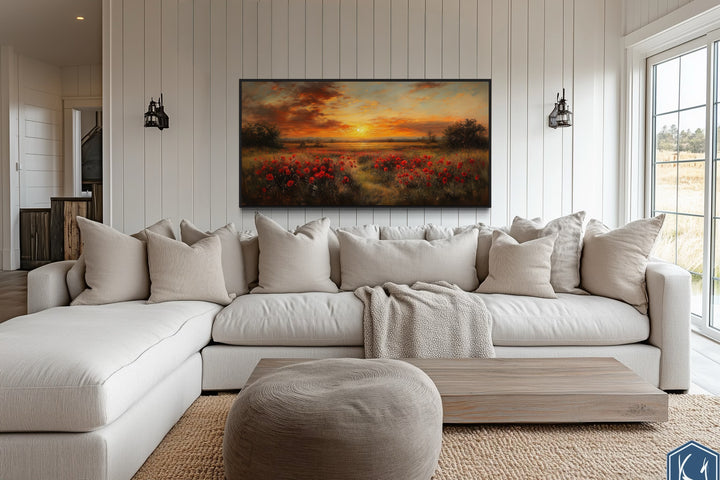 Poppies Field At Sunset Red Painting Framed Canvas Wall Art