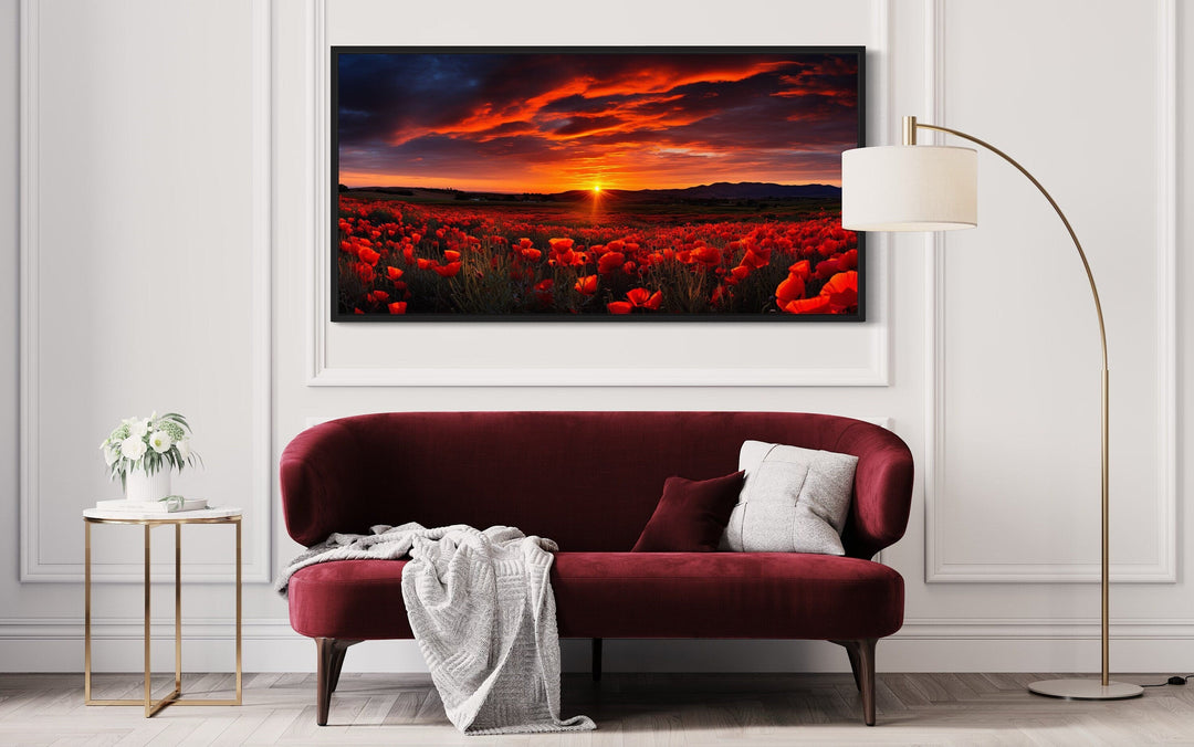 Poppies Field At Sunset Red Painting Framed Canvas Wall Art