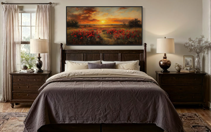 Poppies Field At Sunset Red Painting Framed Canvas Wall Art