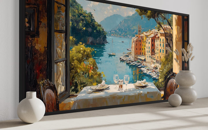 Portofino Window View From Restaurant Framed Canvas Wall Art For Dining Room