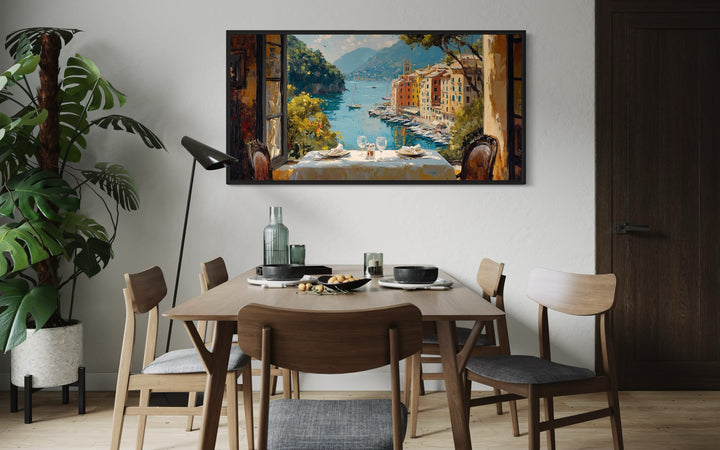 Portofino Window View From Restaurant Framed Canvas Wall Art For Dining Room