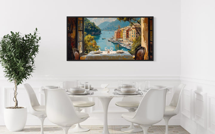 Portofino Window View From Restaurant Framed Canvas Wall Art For Dining Room