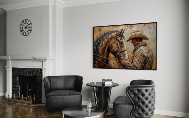 Portrait Of A Cowboy And His Horse Western Framed Canvas Wall Art in living room