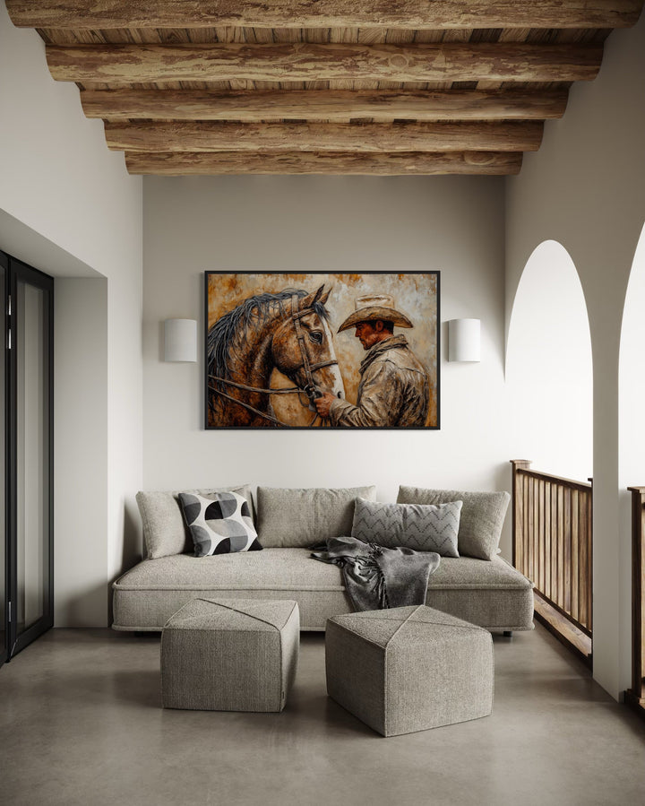 Portrait Of A Cowboy And His Horse Western Framed Canvas Wall Art above couch