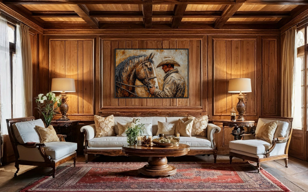 Portrait Of A Cowboy And His Horse Western Framed Canvas Wall Art in a living room filled with furniture