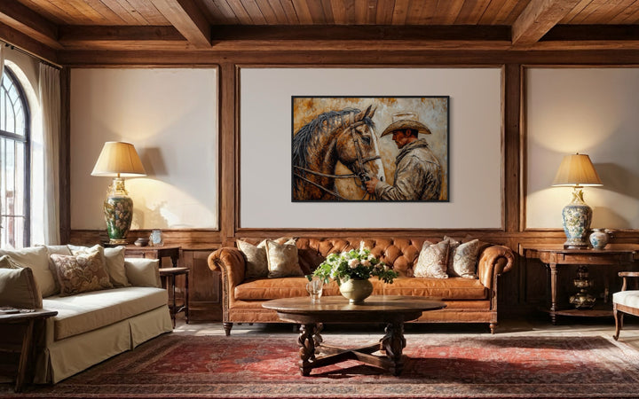 Portrait Of A Cowboy And His Horse Western Framed Canvas Wall Art