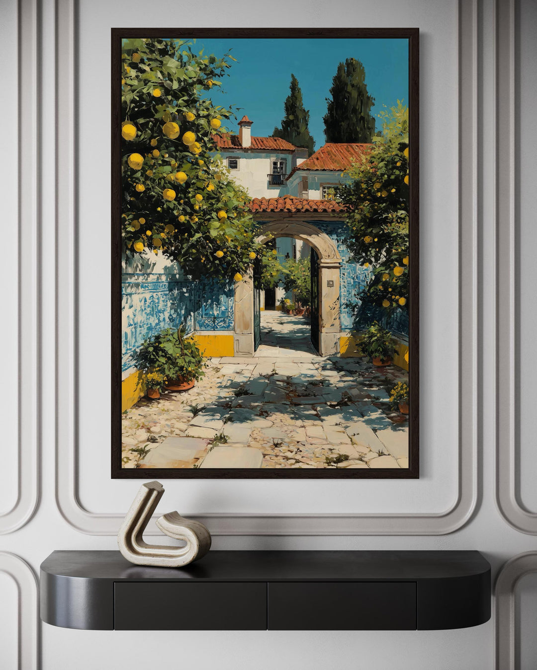 Portugal Courtyard Wall Art – Blue Azulejos Tiles & Lemon Tree Canvas Decor