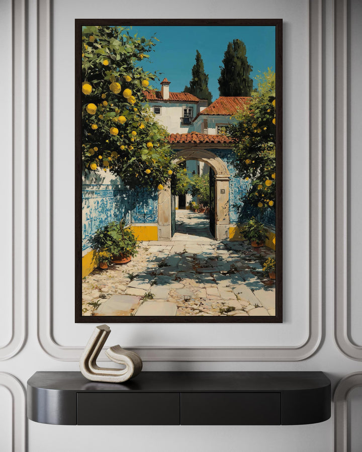 Portugal Courtyard Wall Art – Blue Azulejos Tiles & Lemon Tree Canvas Decor
