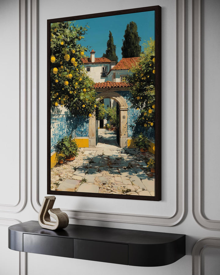 Portugal Courtyard Wall Art – Blue Azulejos Tiles & Lemon Tree Canvas Decor