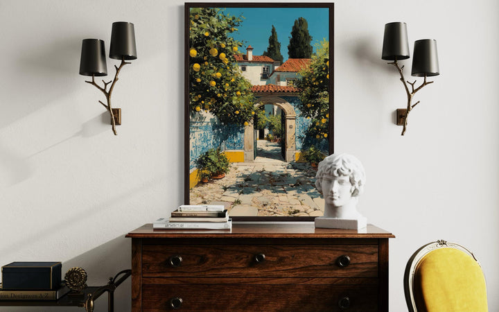 Portugal Courtyard Wall Art – Blue Azulejos Tiles & Lemon Tree Canvas Decor