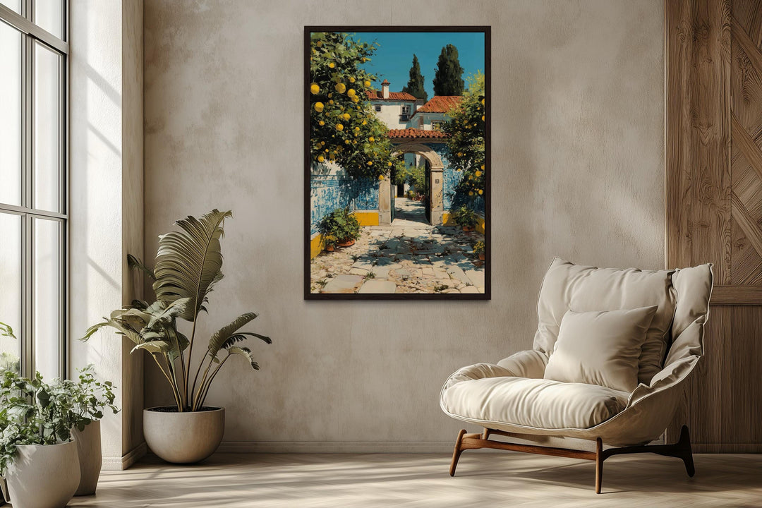 Portugal Courtyard Wall Art – Blue Azulejos Tiles & Lemon Tree Canvas Decor