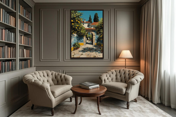 Portugal Courtyard Wall Art – Blue Azulejos Tiles & Lemon Tree Canvas Decor