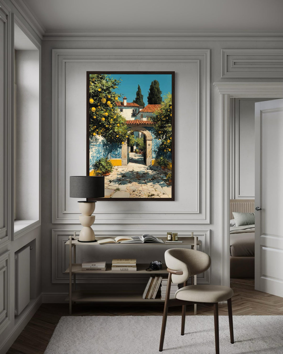 Portugal Courtyard Wall Art – Blue Azulejos Tiles & Lemon Tree Canvas Decor