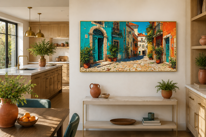 Portugal Street Scene Framed Canvas Wall Art in a modern living room setting.