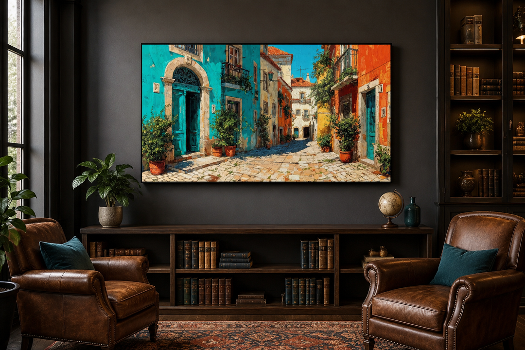Portugal Street Scene Framed Canvas Wall Art displayed in a dark, classic library setting.