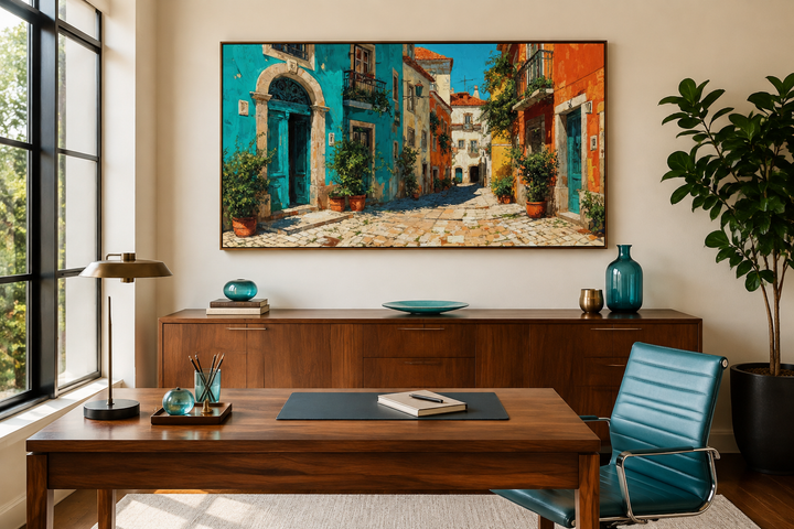 Vibrant Portugal street scene framed canvas wall art above a mid-century modern desk and sideboard.