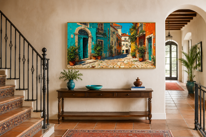 Portugal Street Scene Framed Canvas Wall Art above a wooden console table in a Mediterranean home.