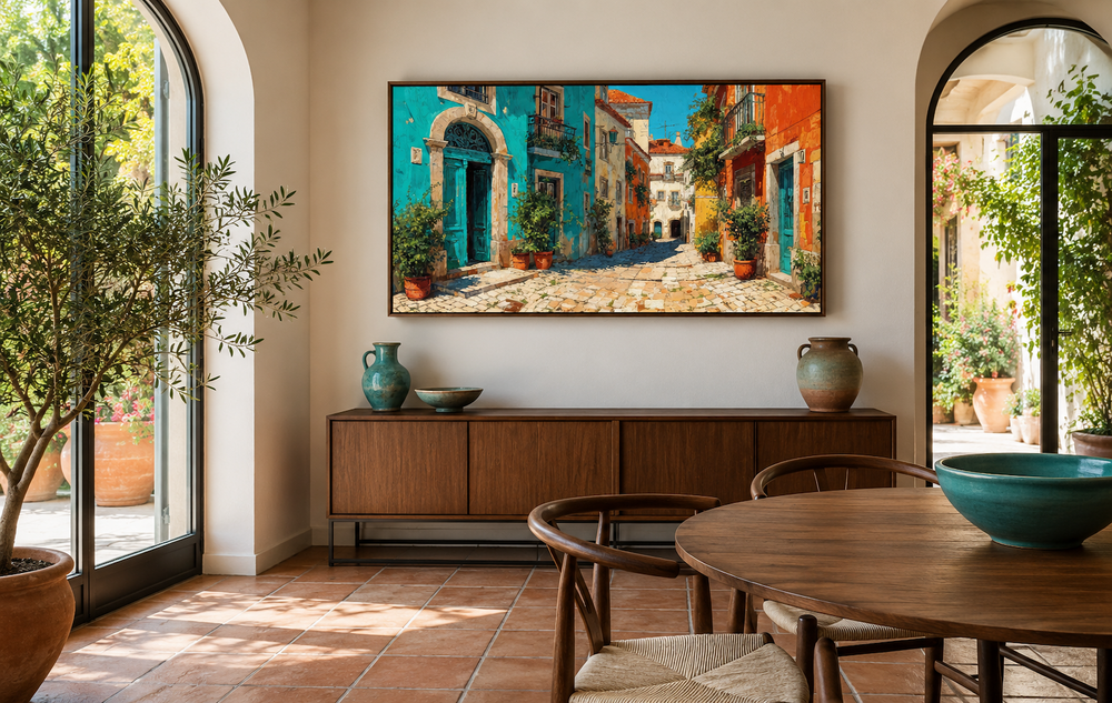 Portugal Street Scene Framed Canvas Wall Art above a wooden sideboard in a Mediterranean room.