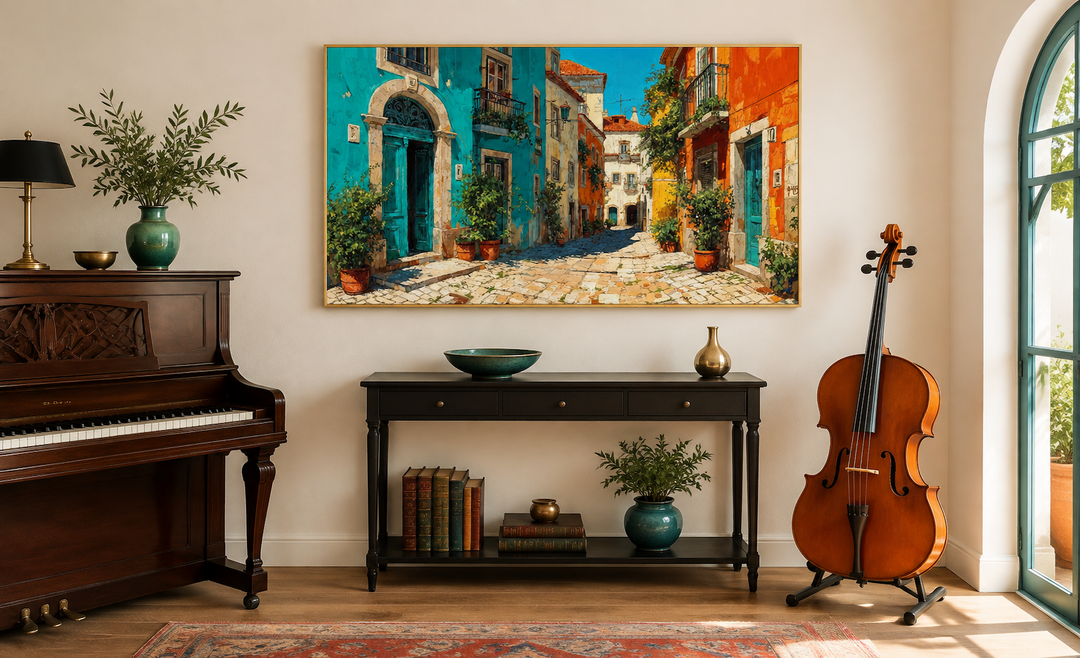 Portugal Street Scene Framed Canvas Wall Art hanging above a console table in a music room.