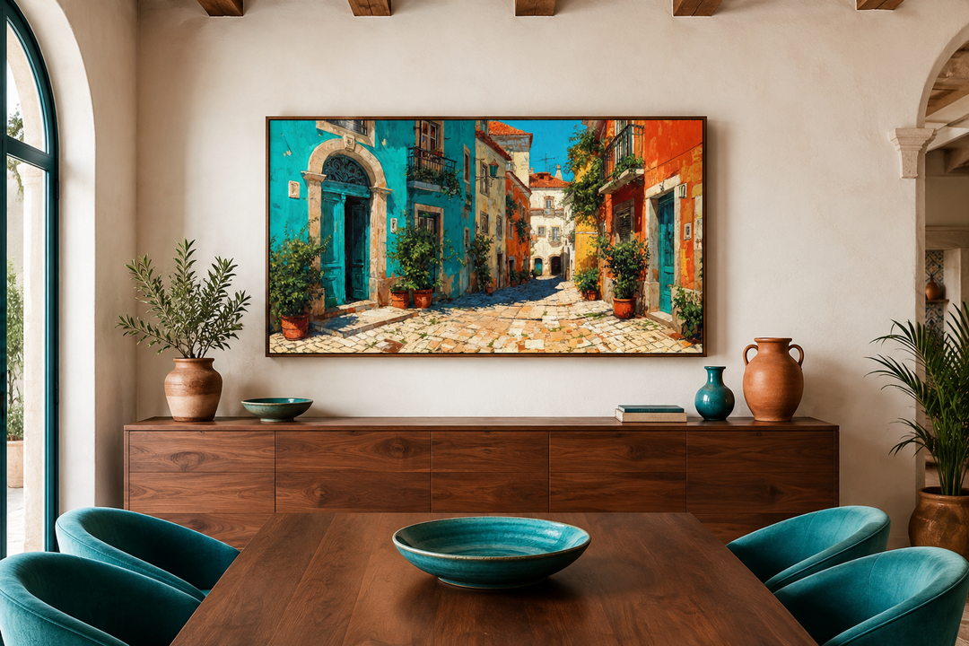 Portugal Street Scene Framed Canvas Wall Art in a Mediterranean-style dining room.