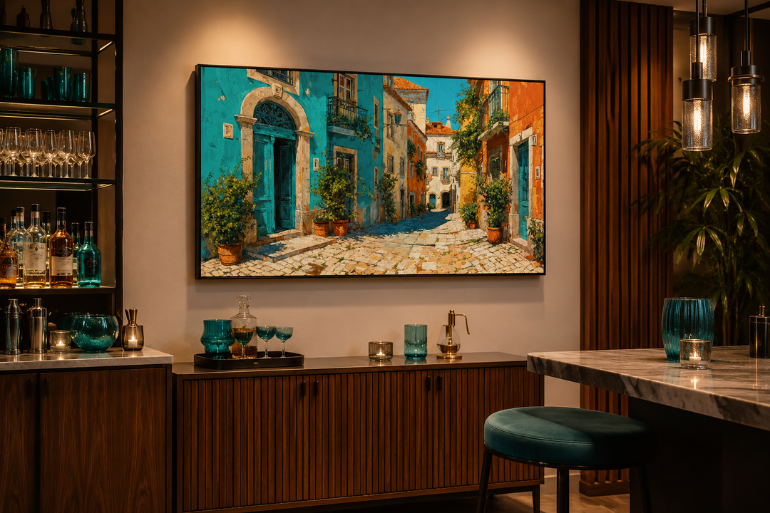 Portugal street scene framed canvas wall art in a modern living room with warm lighting.