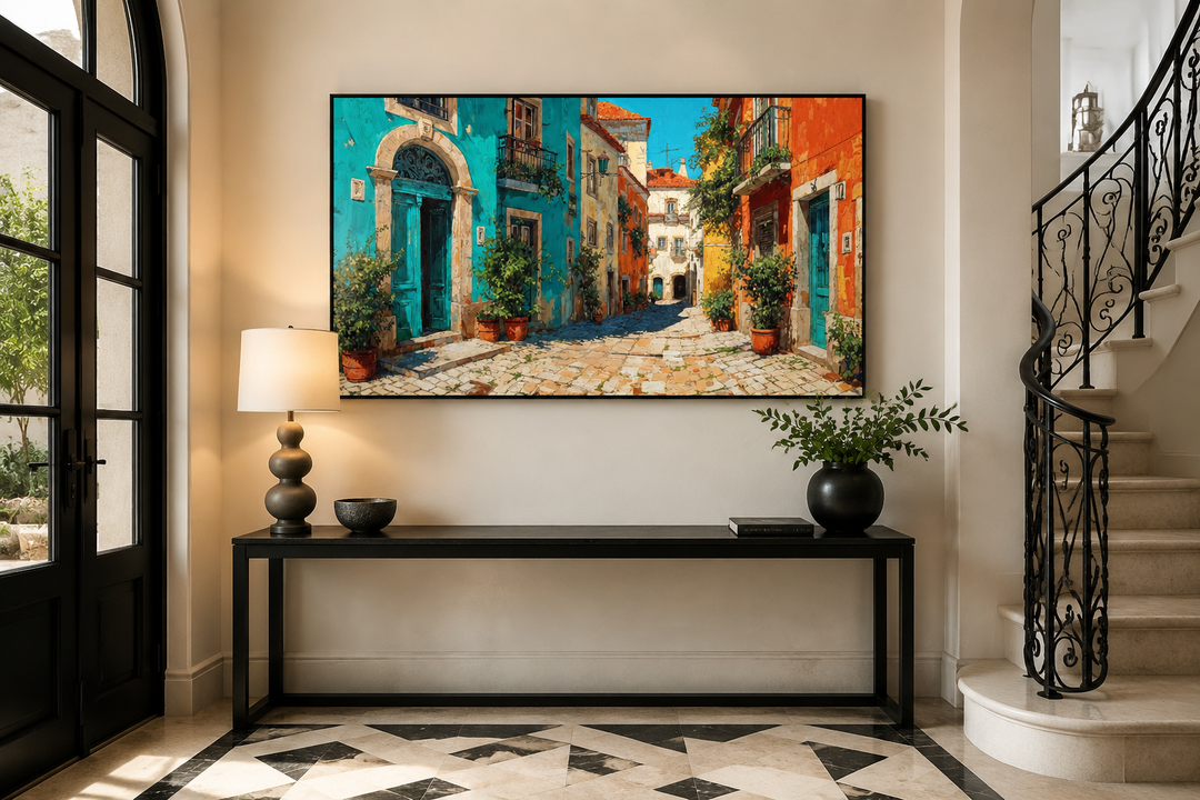 Colorful Portugal street scene framed canvas wall art displayed above a black console table.