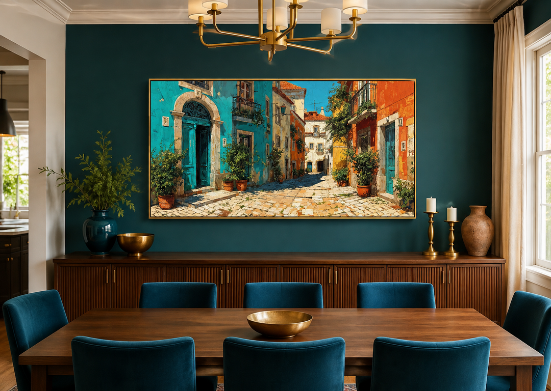 Portugal Street Scene Framed Canvas Wall Art in a dining room with teal walls and velvet chairs.