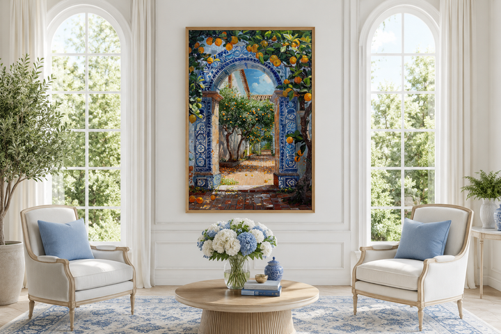 Portuguese doorway wall art with blue azulejos tiles and orange trees in a bright living room.