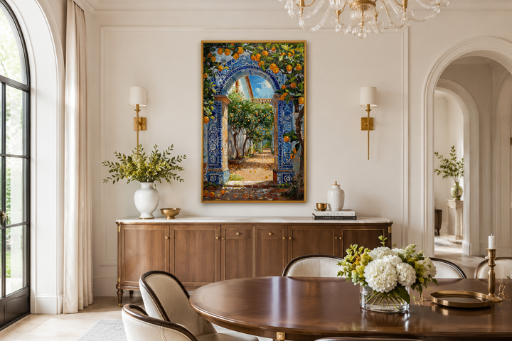 Wall art of a Portuguese doorway with blue and white azulejos tiles and vibrant orange trees.