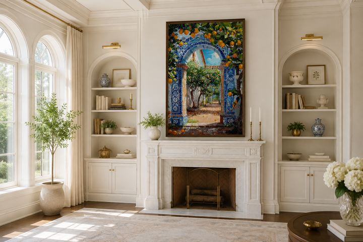 Portuguese doorway wall art with blue azulejos and orange trees above a white marble fireplace.
