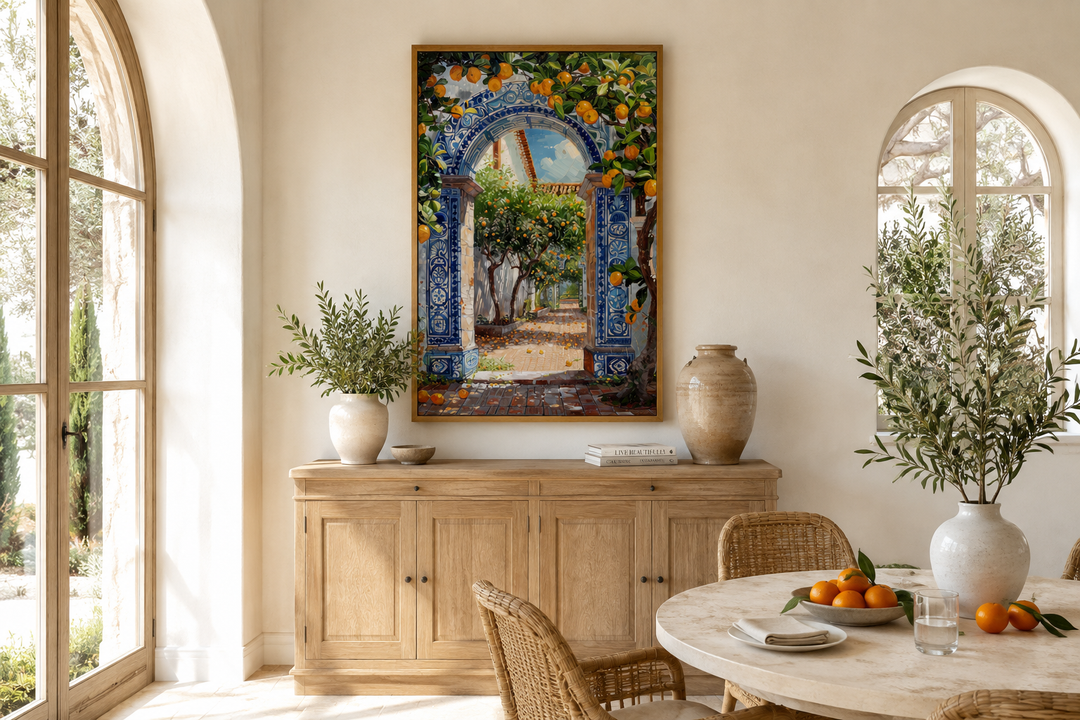 Portuguese doorway wall art with blue azulejos tiles and orange trees in a Mediterranean dining room