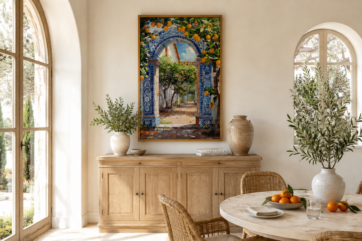 Portuguese doorway wall art with blue azulejos tiles and orange trees in a Mediterranean dining room