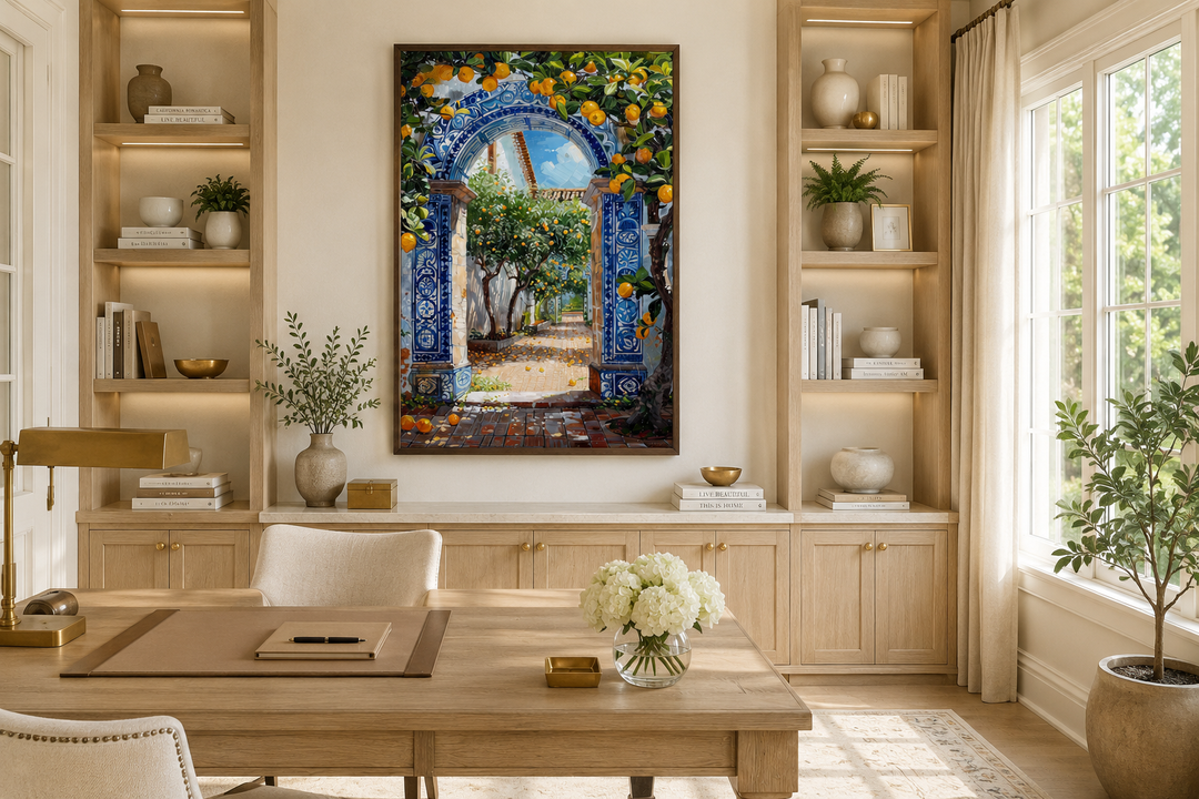 Portuguese doorway wall art with blue azulejos tiles and orange trees in a home office setting.
