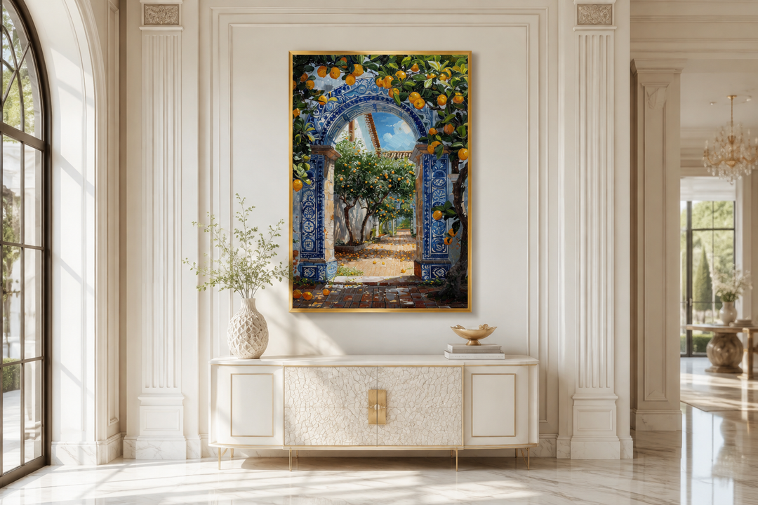 Portuguese doorway wall art with blue azulejos tiles and orange trees in a gold frame.