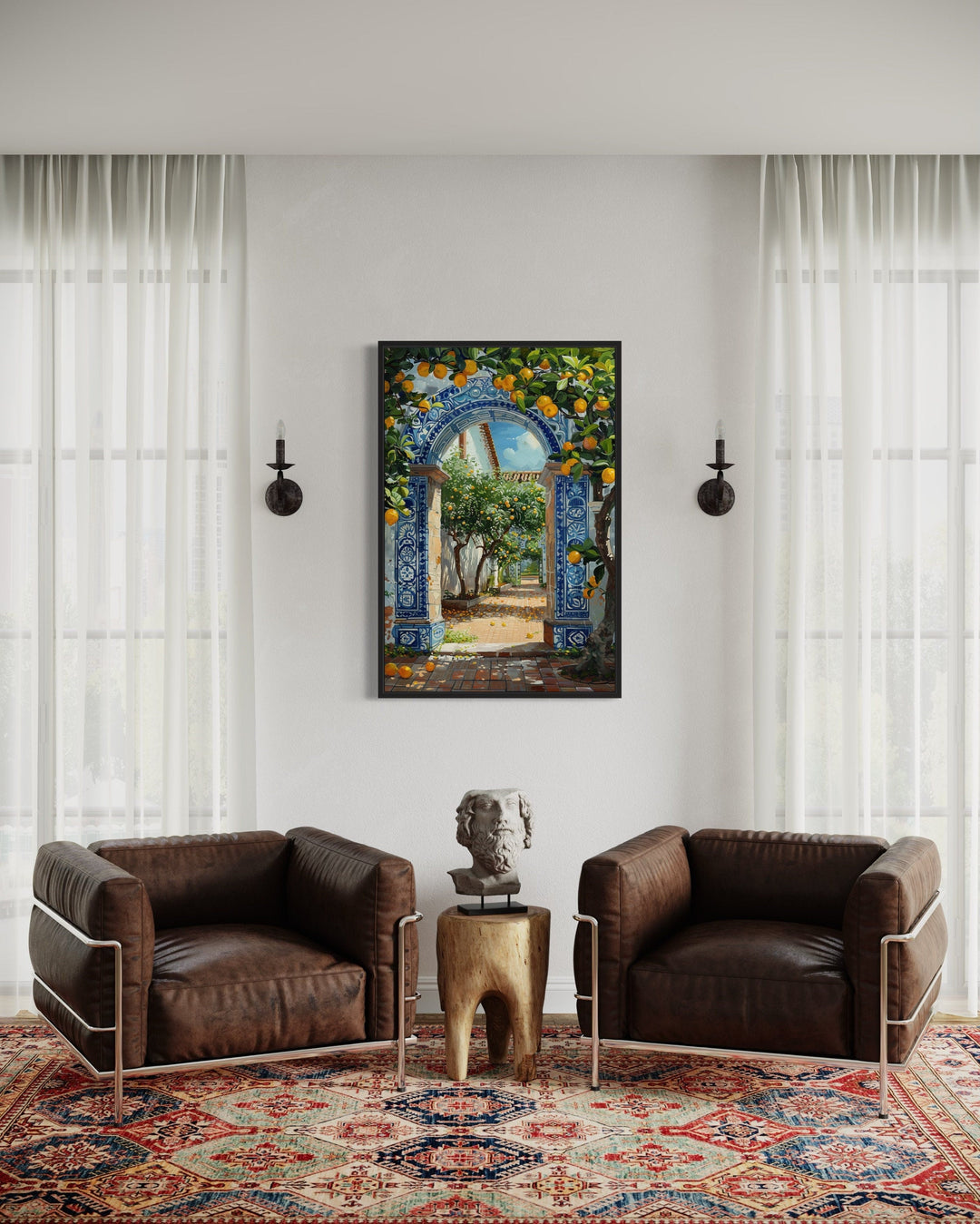 Portuguese doorway wall art with blue azulejos tiles and orange trees in a modern living room.
