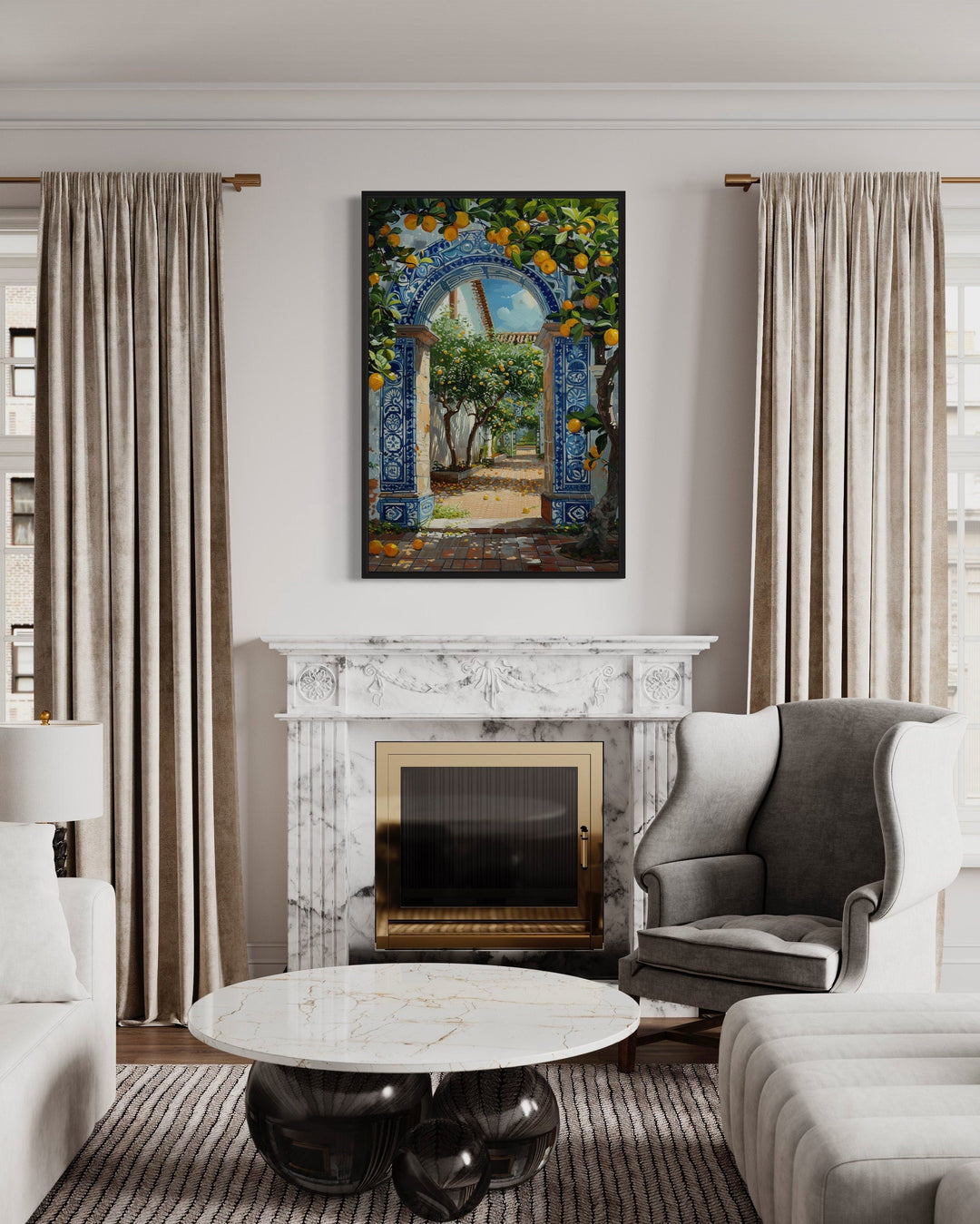 Portuguese doorway wall art with blue azulejos and orange trees above a marble fireplace.