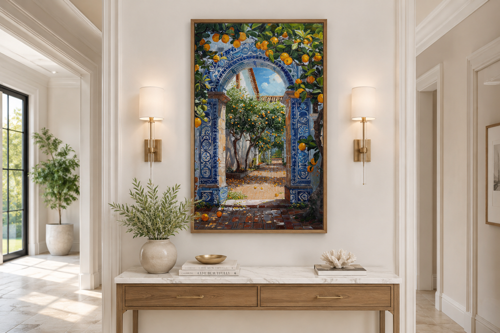 Framed wall art of a Portuguese doorway with blue azulejos tiles and vibrant orange trees.