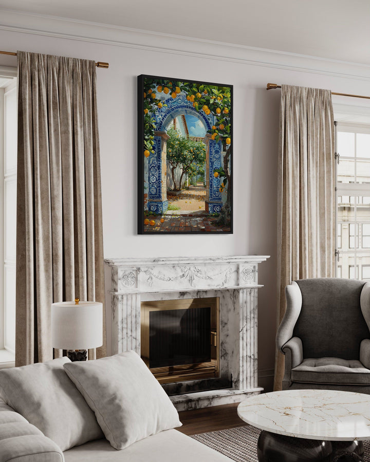 Portuguese doorway wall art with blue azulejos and orange trees above a marble fireplace.