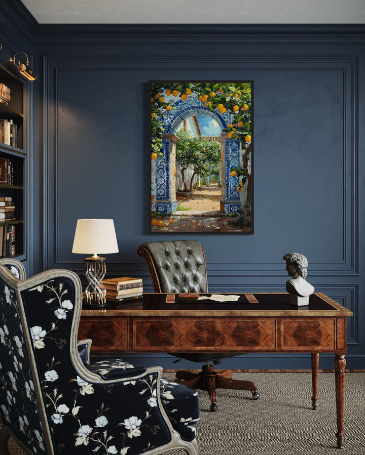 Portuguese Doorway Adorned With Blue White Azulejos And Orange Trees Wall Art