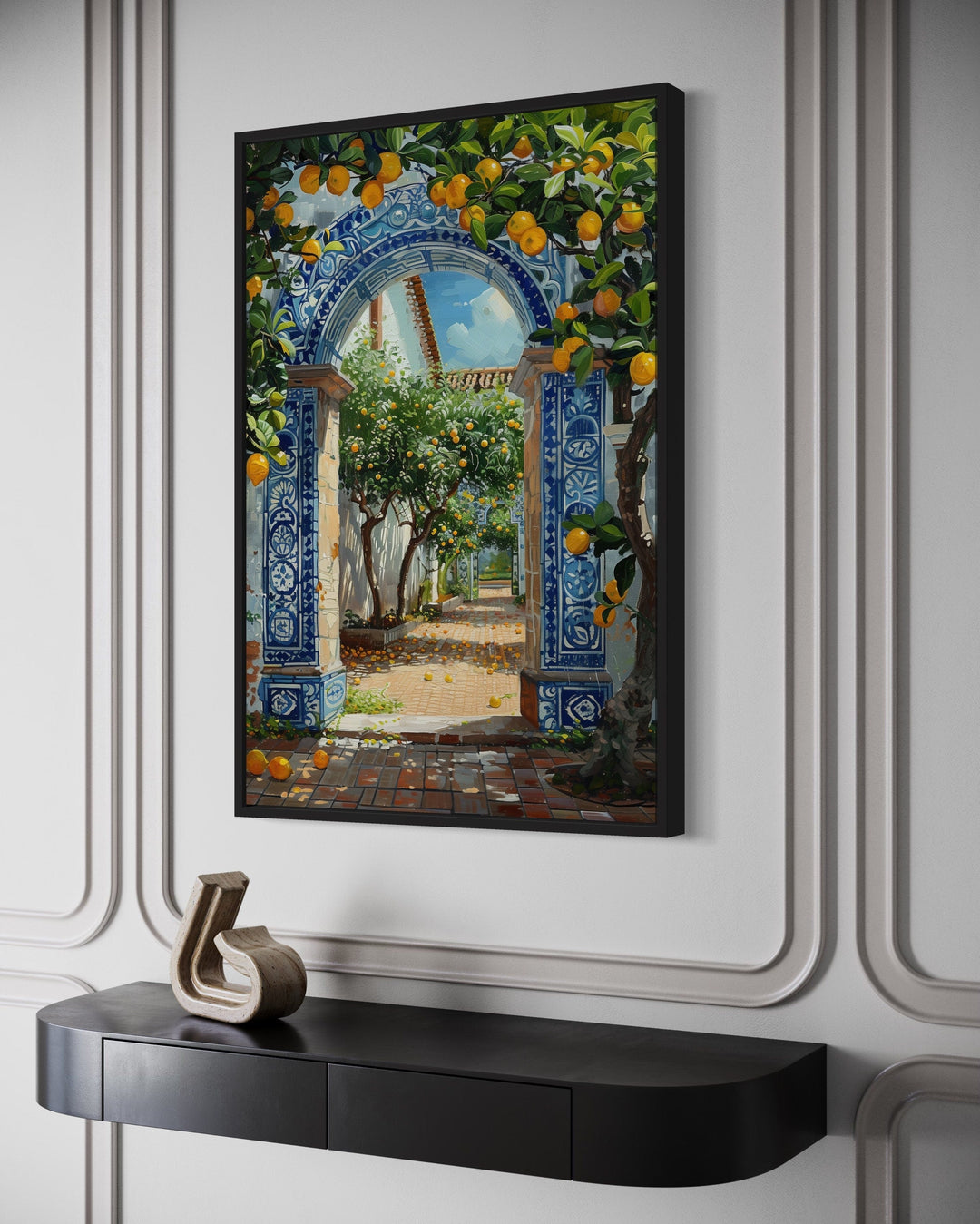 Portuguese Doorway Adorned With Blue White Azulejos And Orange Trees Wall Art