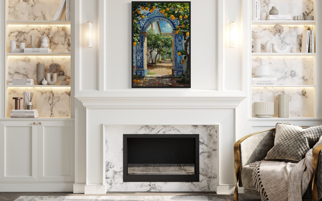 Portuguese Doorway Adorned With Blue White Azulejos And Orange Trees Wall Art