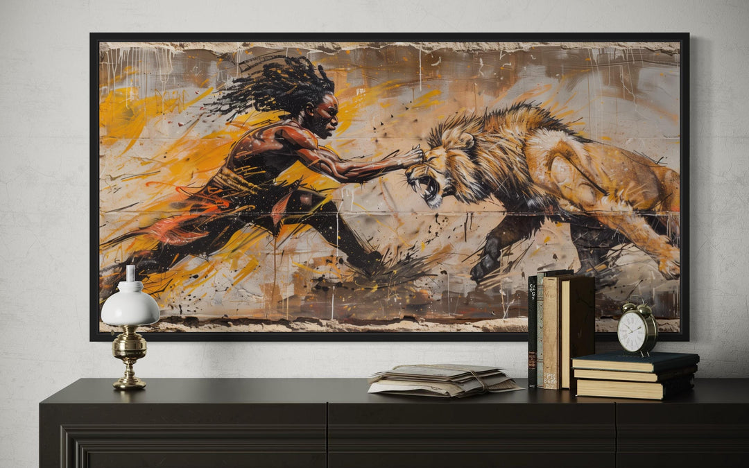 Powerful African Hero Vs. Lion Battle Framed Canvas Wall Art